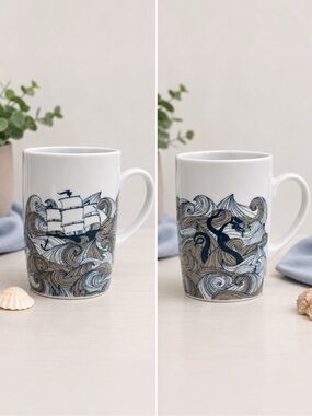 Vintage Danica Studio Kraken Ship Nautical Ceramic Coffee Mug Rare Ocean Wave